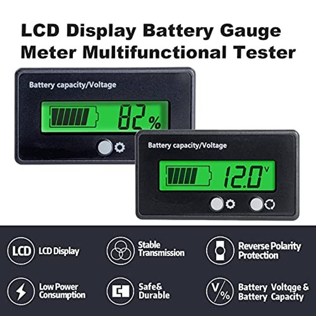 Two battery capacity/voltage LCD meters with green screens and round control buttons