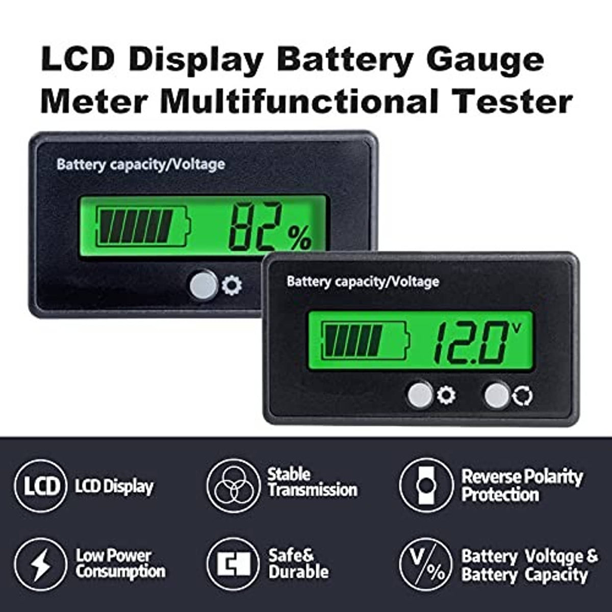 Two battery capacity/voltage LCD meters with green screens and round control buttons
