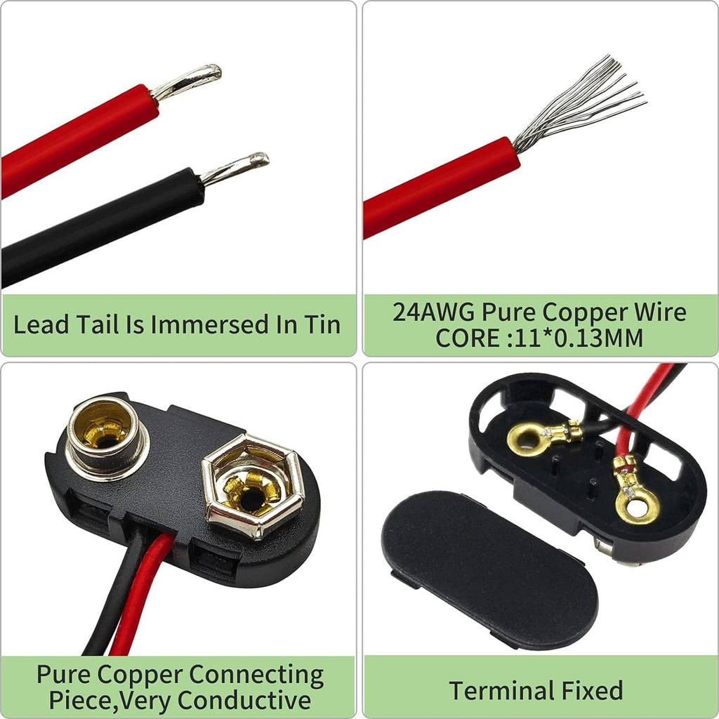 T-type 9V connector showing red and black wire leads and metal contact terminals