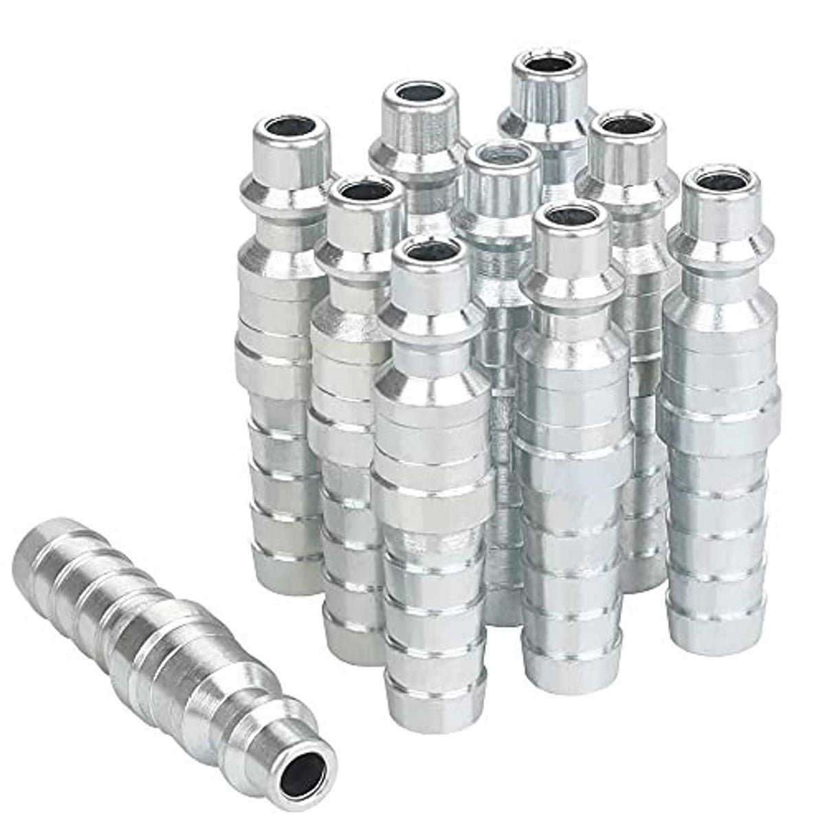 Industrial air plug fitting with 3/8 inch hose barb, chrome-plated metal connectors