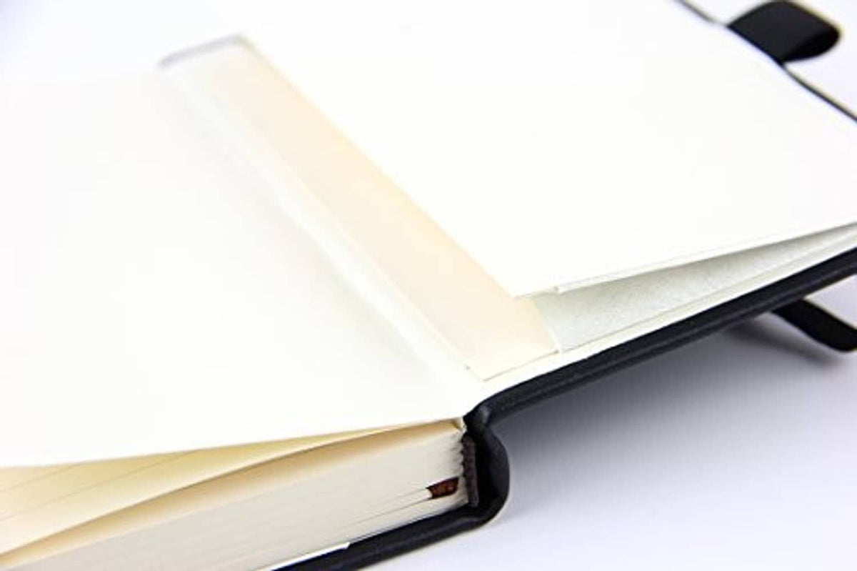 Newestor pocket notebook with stacked white pages and black elastic band spine