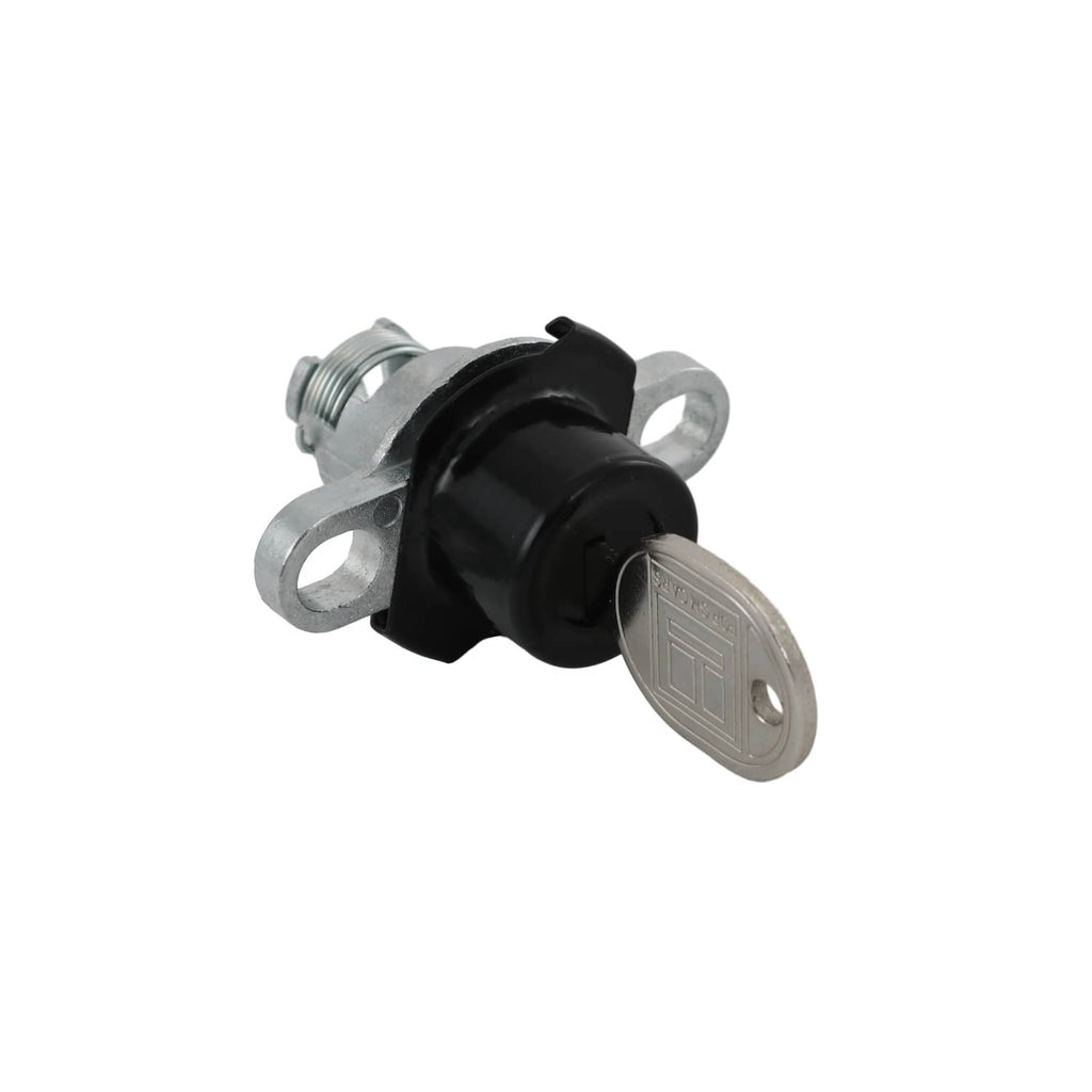 Black hatch lock cylinder with key, silver brackets and black round knob