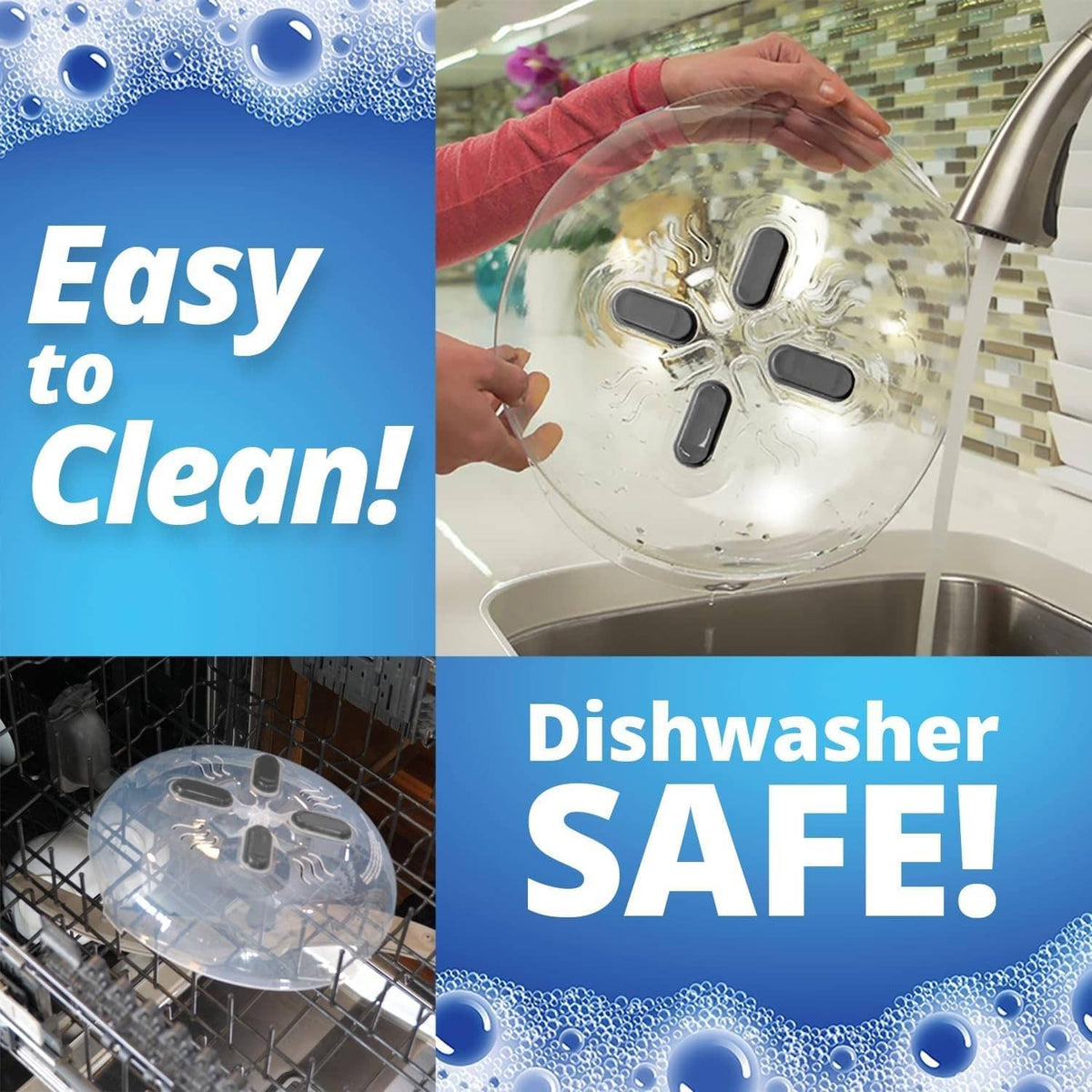 Microwave splatter cover with magnets shown being cleaned, dishwasher-safe style