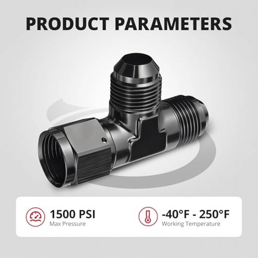 Black aluminum AN tee fitting with male threaded ends and angled swivel inlet