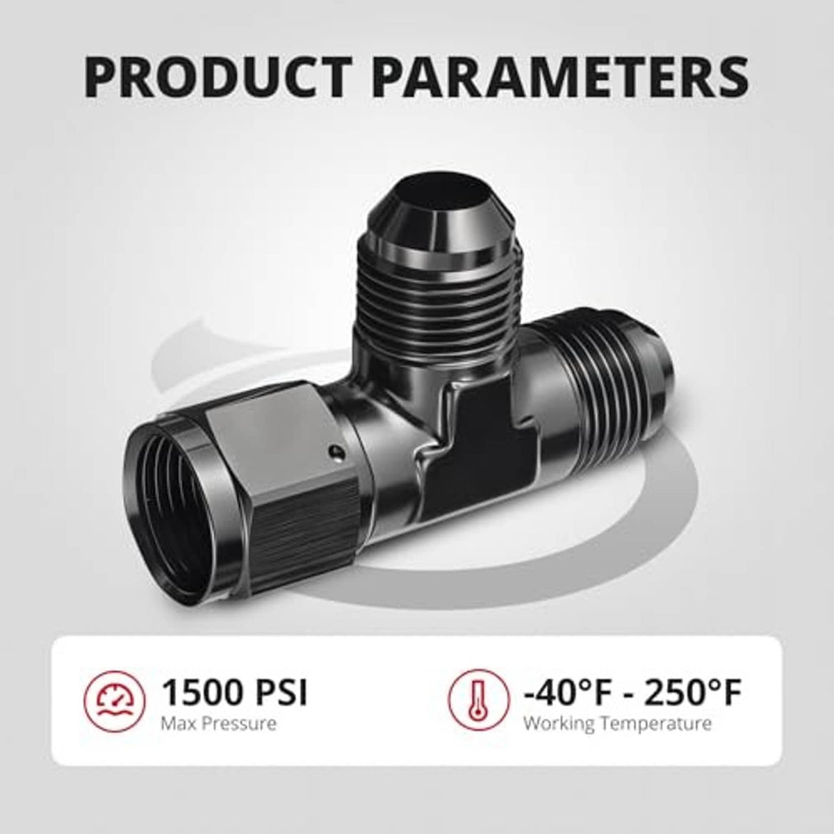 Black aluminum AN tee fitting with male threaded ends and angled swivel inlet
