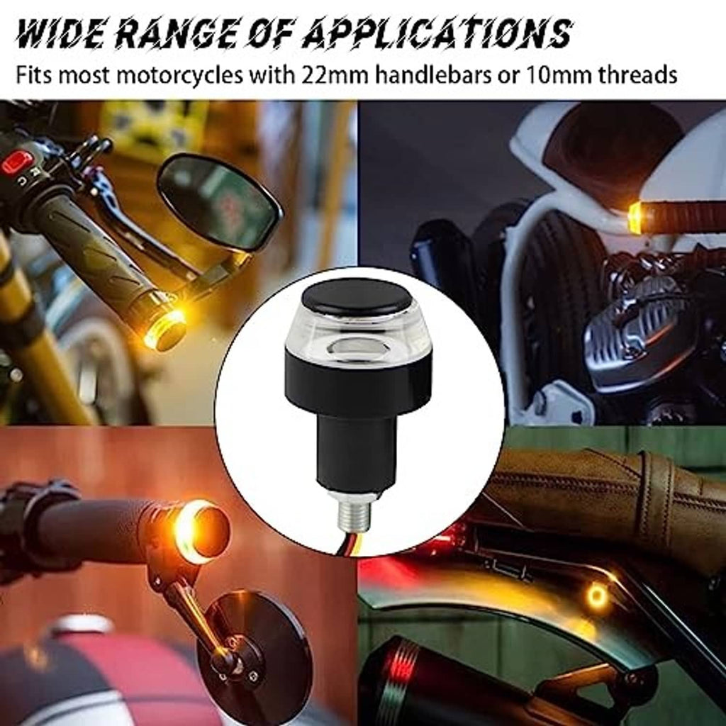 Motorcycle handlebar end LED indicator lights with clear lens, glowing white/yellow