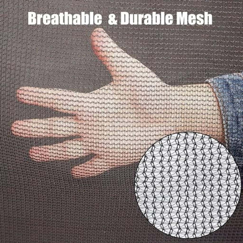 Trampoline safety net mesh close-up showing woven pattern with hand and round detail
