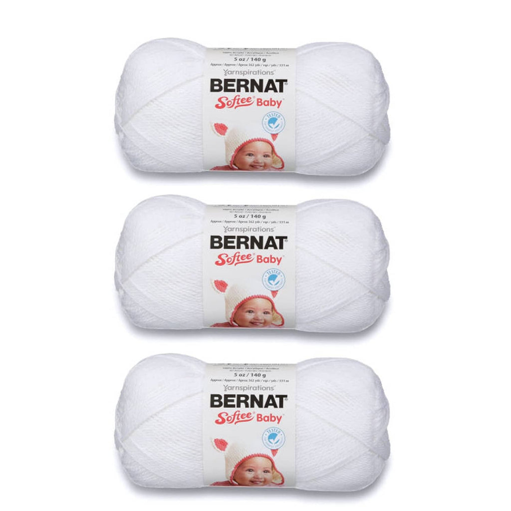 White Bernat Softee Baby yarn 3-pack, three bundled acrylic yarn balls with labels