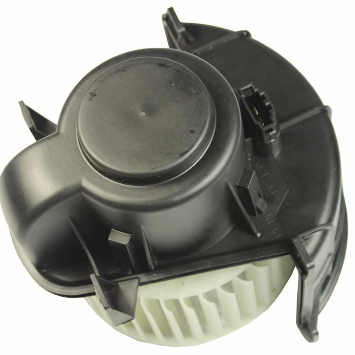 HVAC blower motor fan assembly with black plastic housing and circular blower wheel