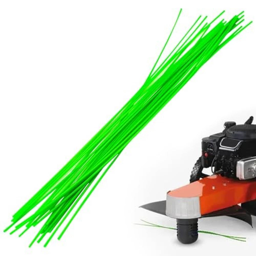 Green trimmer line bundle with loose ends, shown beside trimmer head
