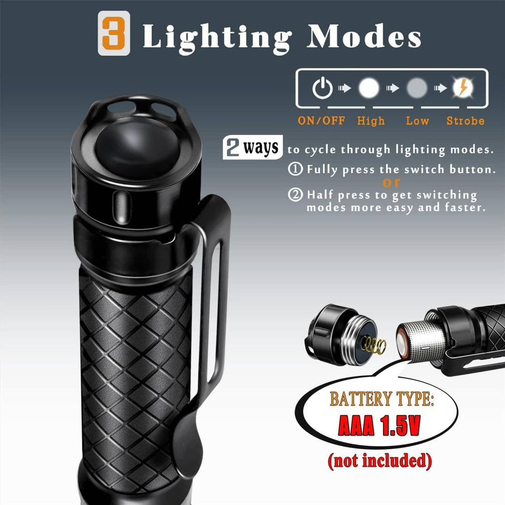 Black mini LED flashlight pen with textured body and side cap showing switch and modes.