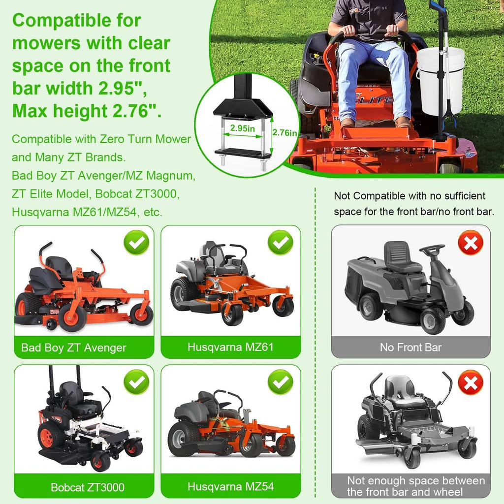 Black bucket bracket compatible with zero turn mower front bar width shown on diagram