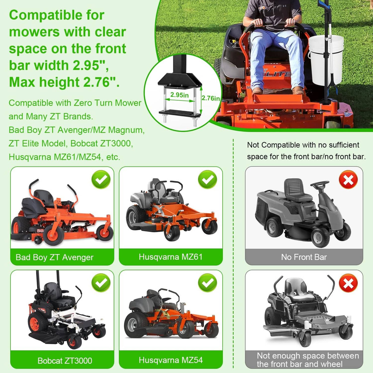 Black bucket bracket compatible with zero turn mower front bar width shown on diagram