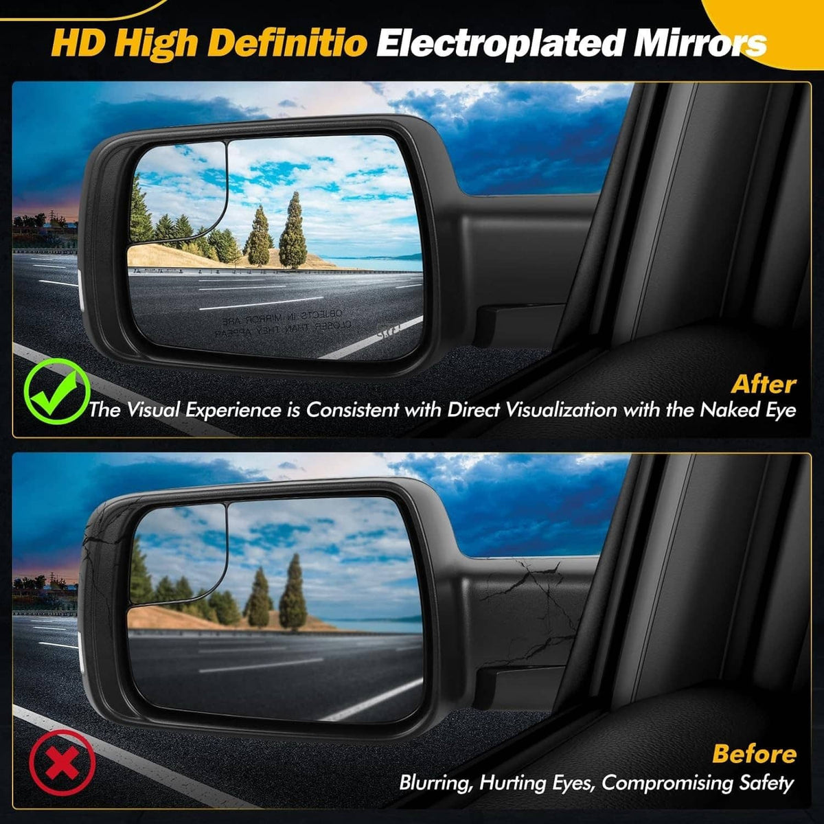 Heated side mirror with turn-signal lens, dark housing