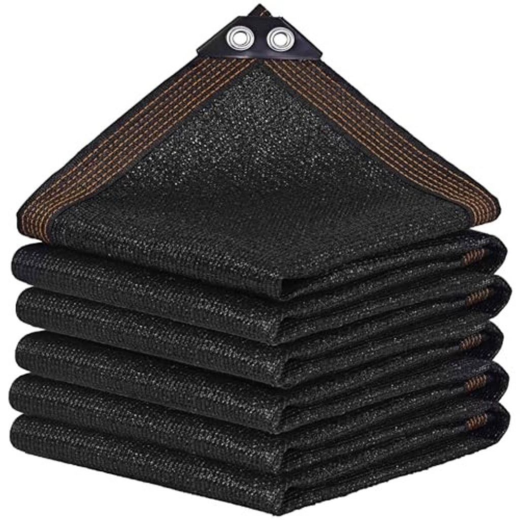 Black shade cloth mesh tarp, neatly folded with corner grommet attachment