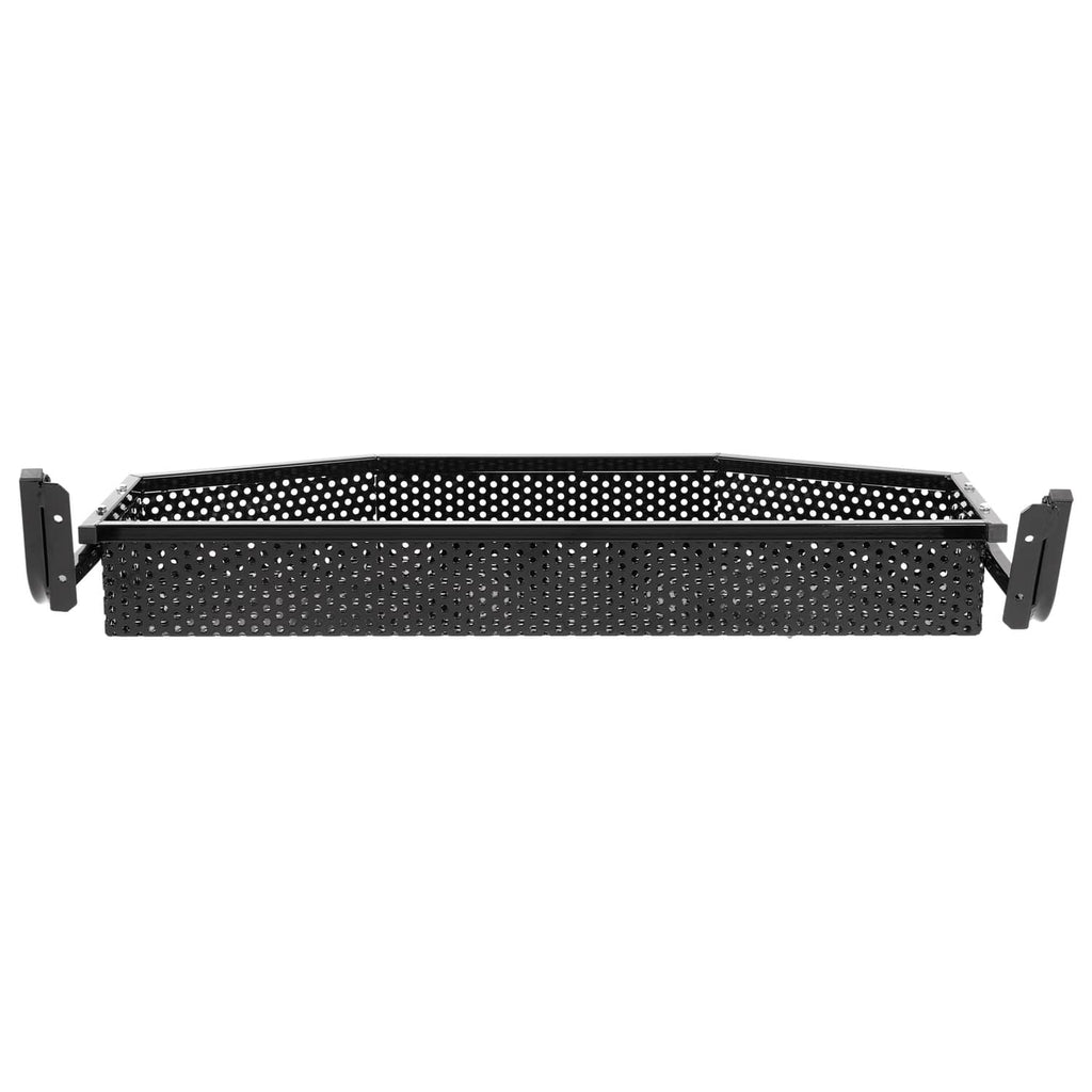 Straight-on view of perforated cargo basket tray with side mounting brackets