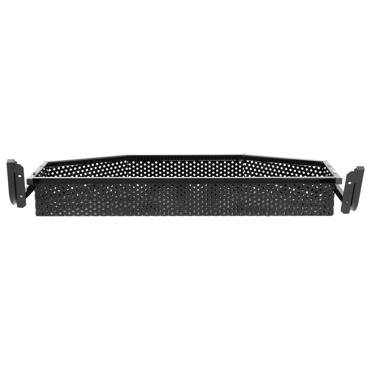 Straight-on view of perforated cargo basket tray with side mounting brackets