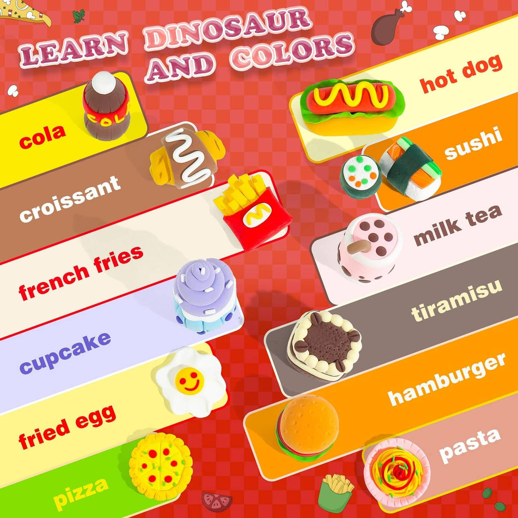 Food-themed air-dry clay shapes: hot dog, sushi, pizza, fries, and croissant pieces