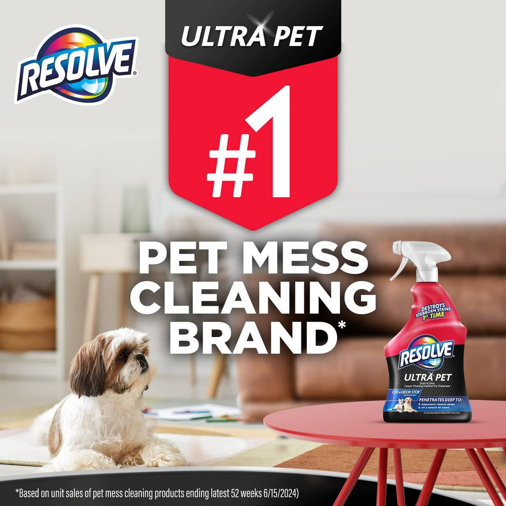Resolve pet mess cleaning spray bottle with white trigger, red bottle and label