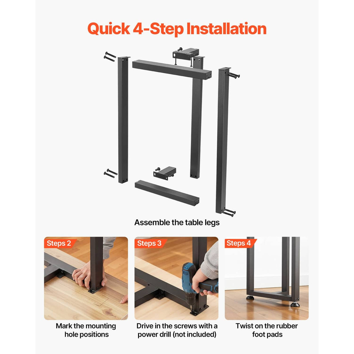 Black steel table legs with quick-install steps and rubber foot pads, set of 2