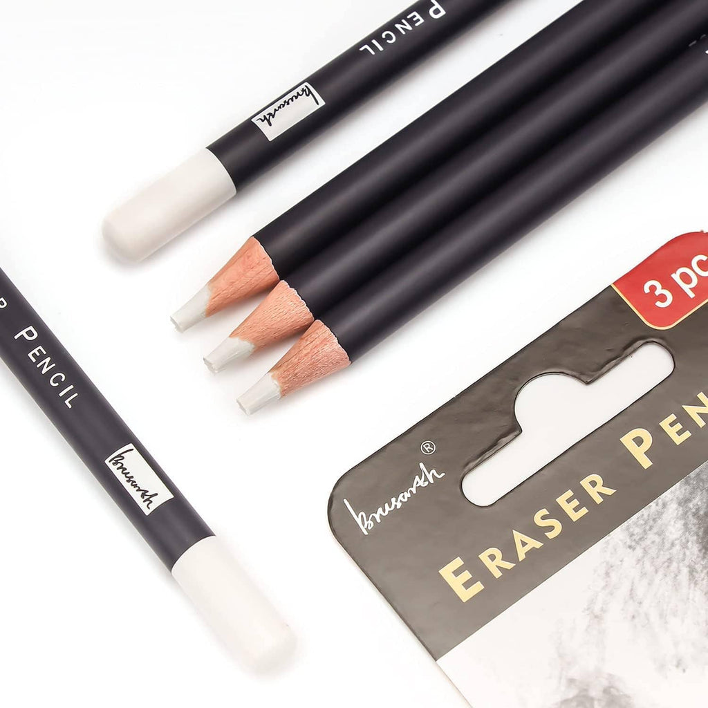 3-piece eraser pencil set showing white eraser ends and dark navy wooden-style barrels