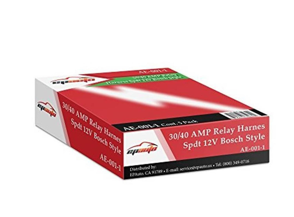 Relay harness product box showing 30/40 AMP 12V SPDT 5-pin 5-pack label