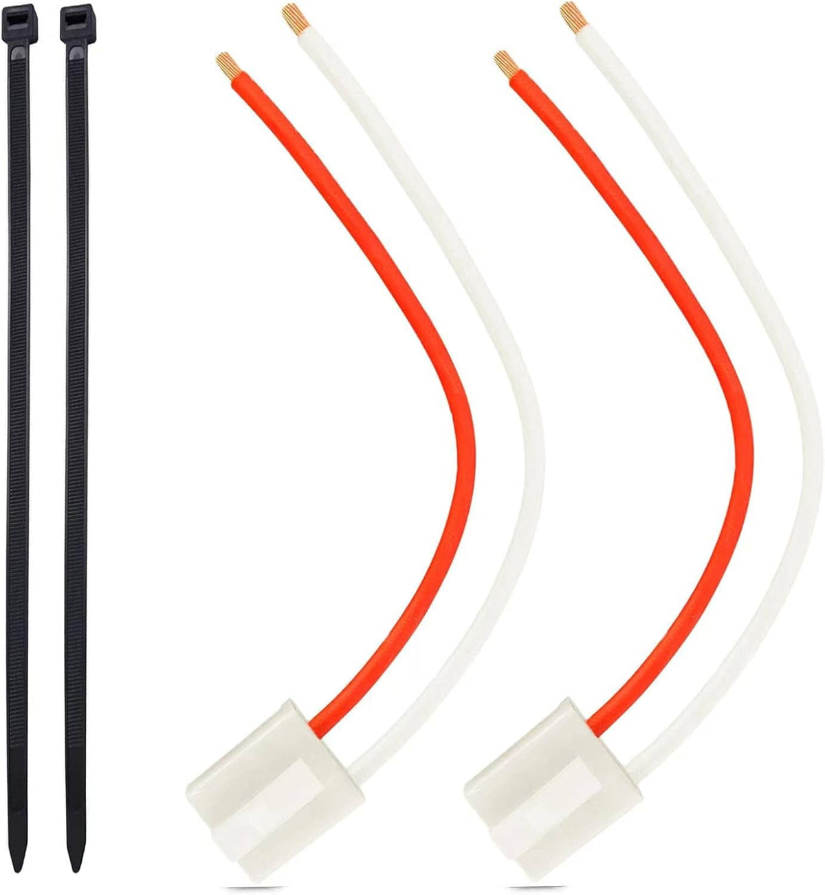 Two alternator pigtail connectors with red and white wire leads and white plastic plugs