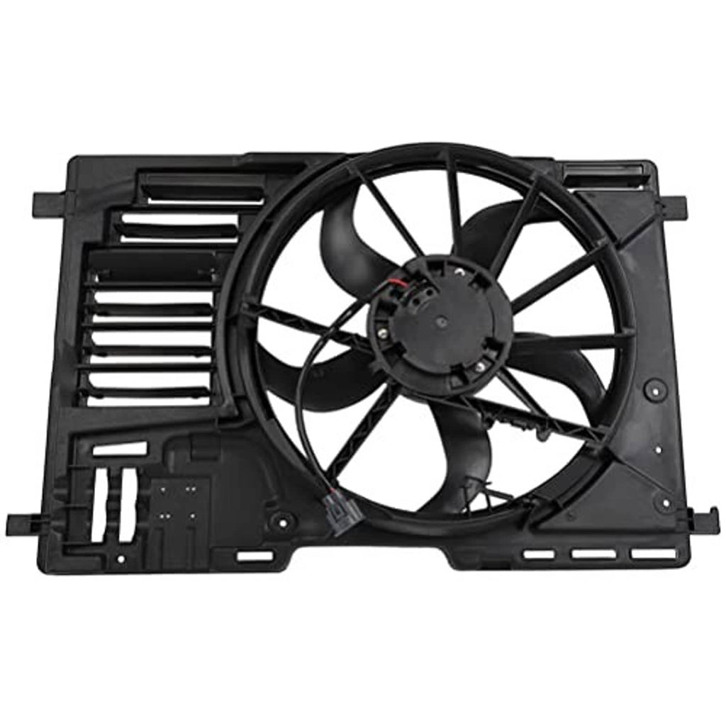 Black radiator fan assembly angled view with fan motor hub and vent grille