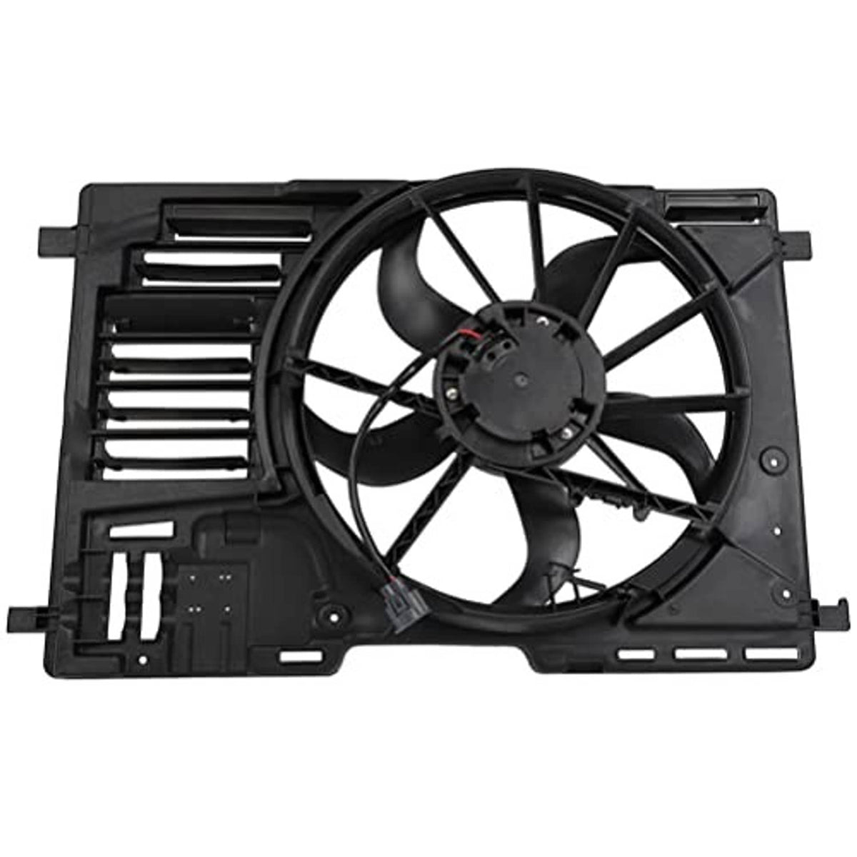 Black radiator fan assembly angled view with fan motor hub and vent grille
