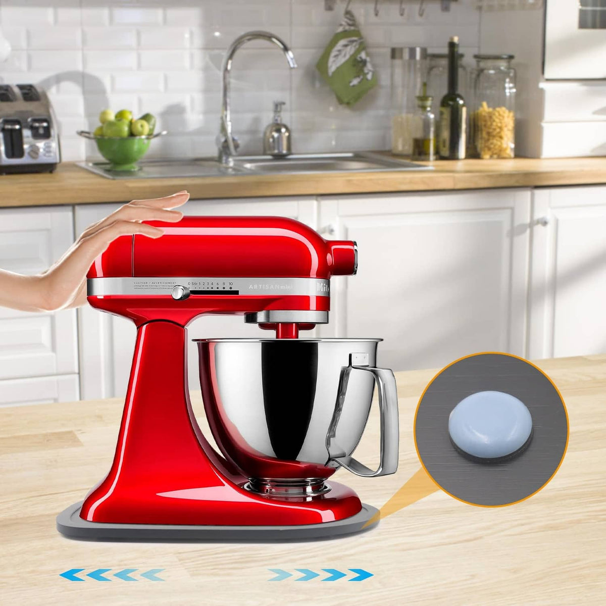 Red stand mixer with black mixer slider pad accessory