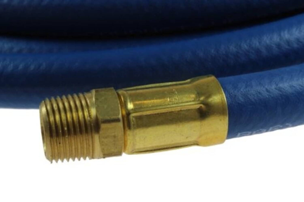 Blue hose end close-up with brass male fitting and threaded connector