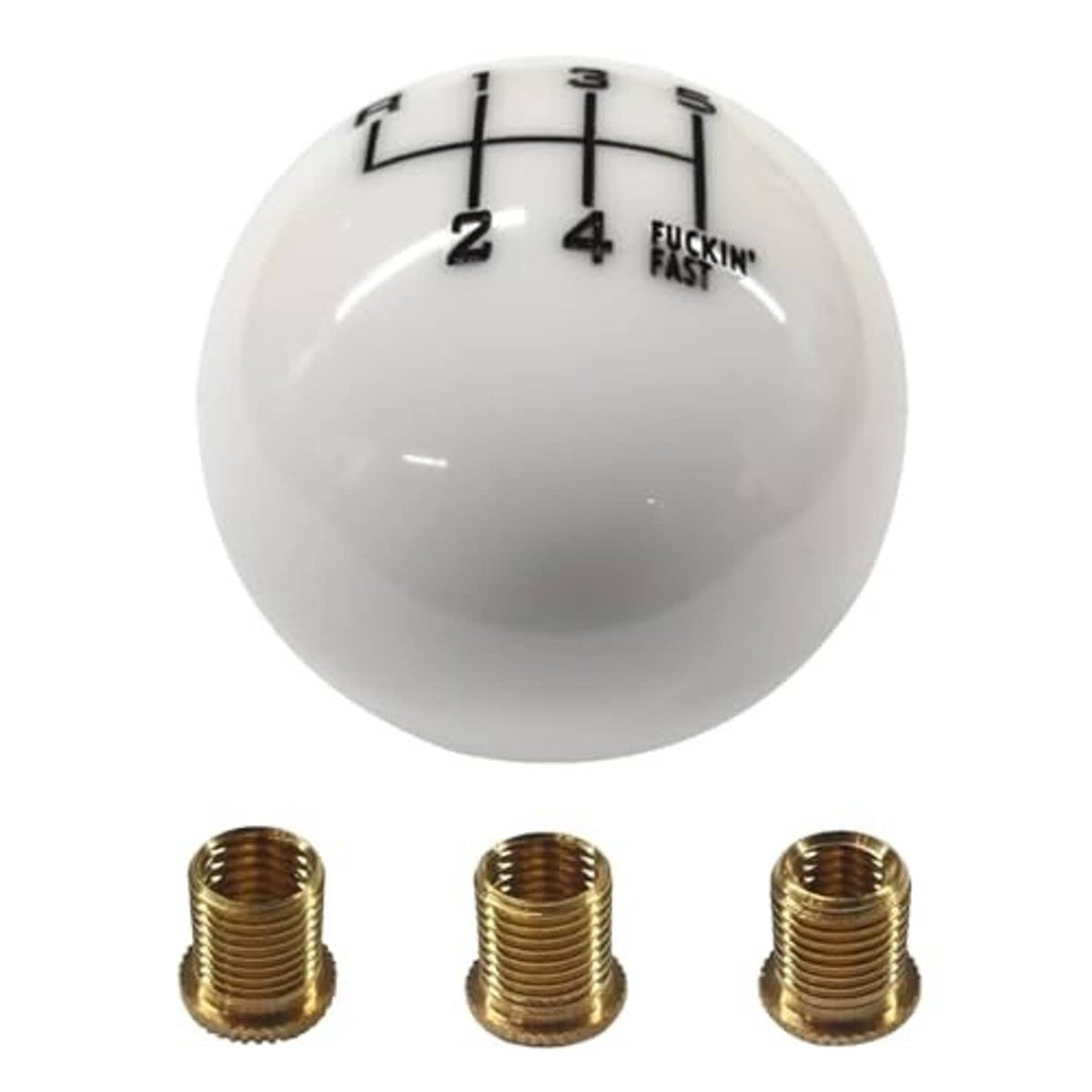 White round gear shift knob with black numbered grid markings and three gold-thread inserts