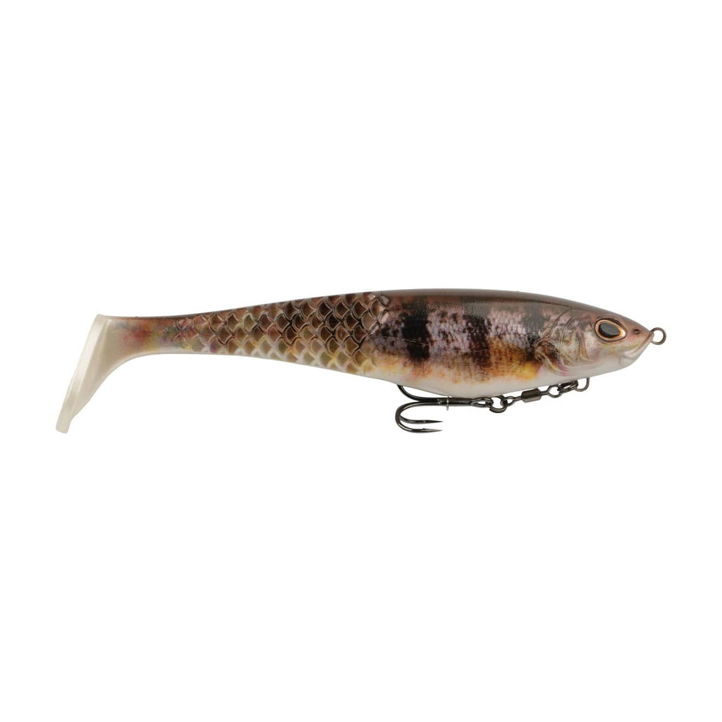 Soft plastic swimbait lure with perch-scale pattern and silver hardware, 8 in style