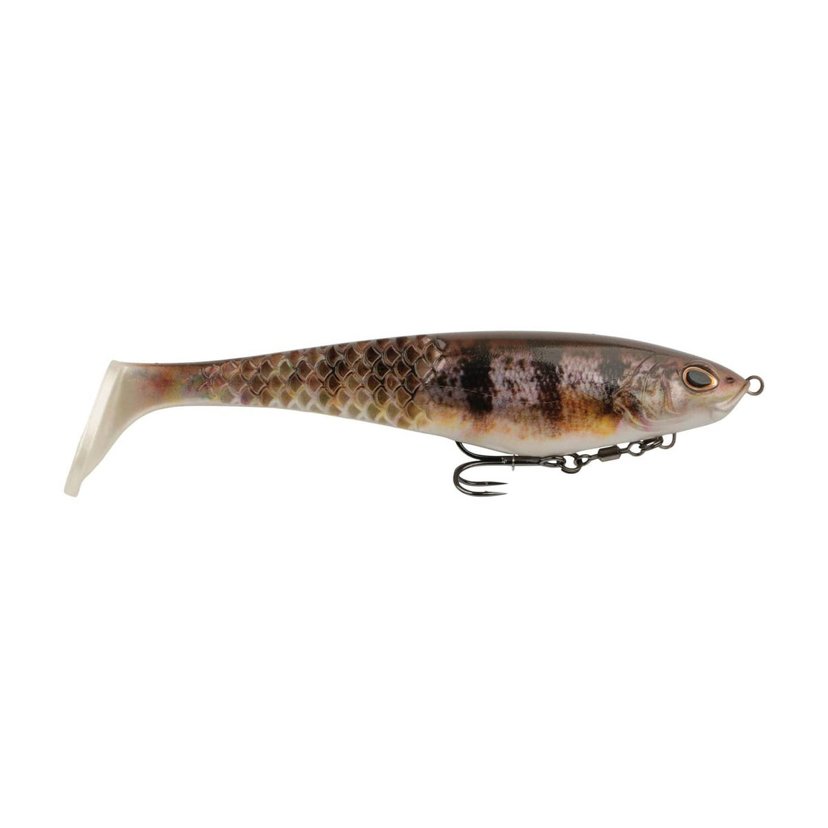 Soft plastic swimbait lure with perch-scale pattern and silver hardware, 8 in style