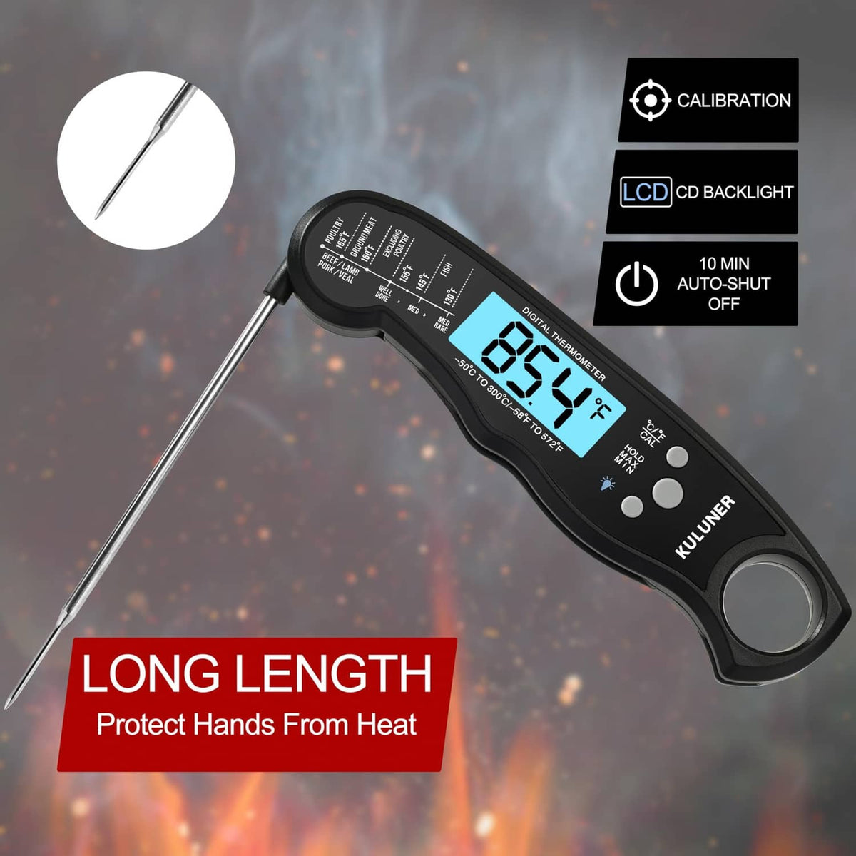 Instant read thermometer with extra-long probe and LCD display, black handle.