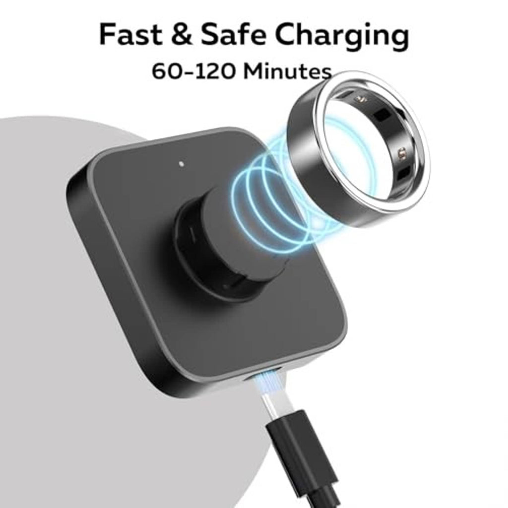 Black ring charging dock with circular cradle and ring placed on top.