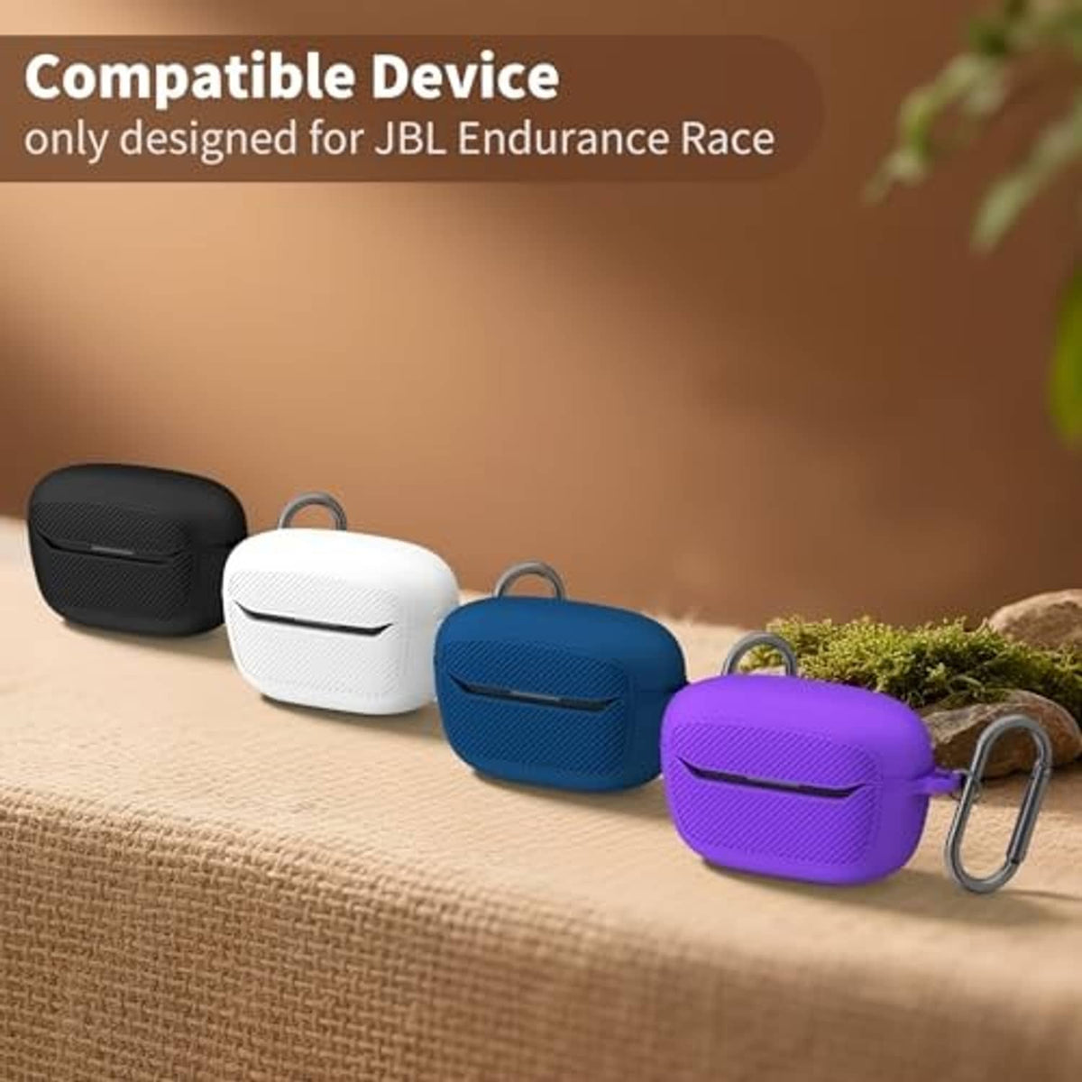 Silicone protective cases in purple, blue, white, and black with carabiners