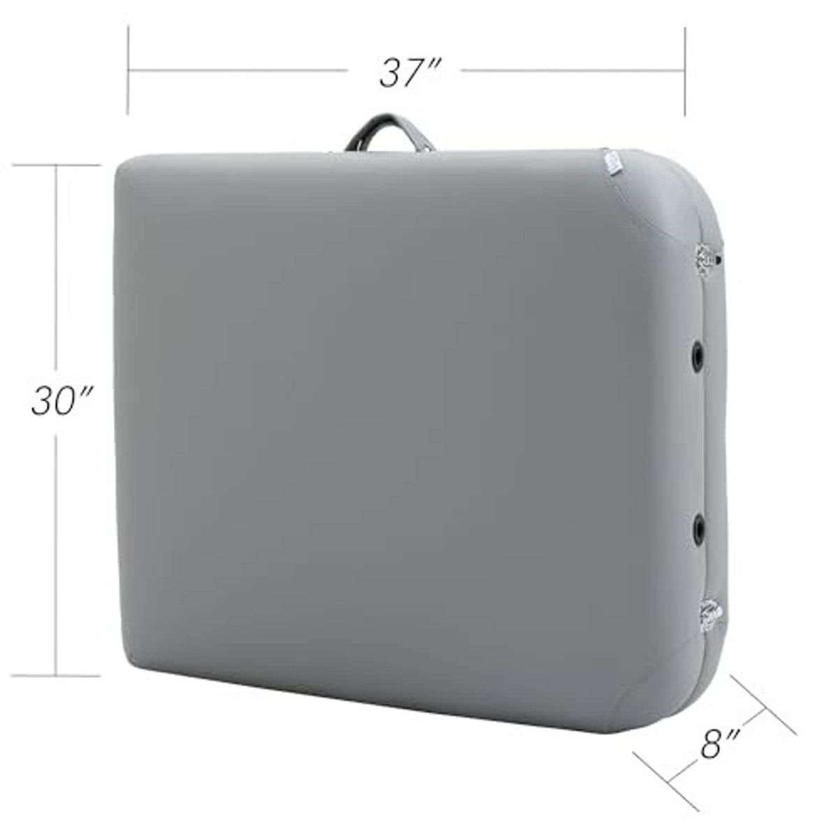 Gray padded carrying case for massage table with side grommets and top handle