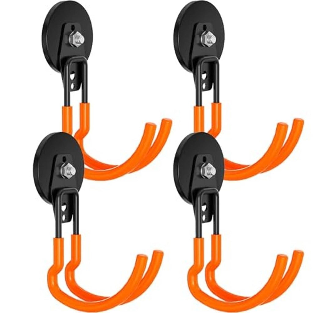 Magnetic utility hook pair with black bases and orange curved U hooks