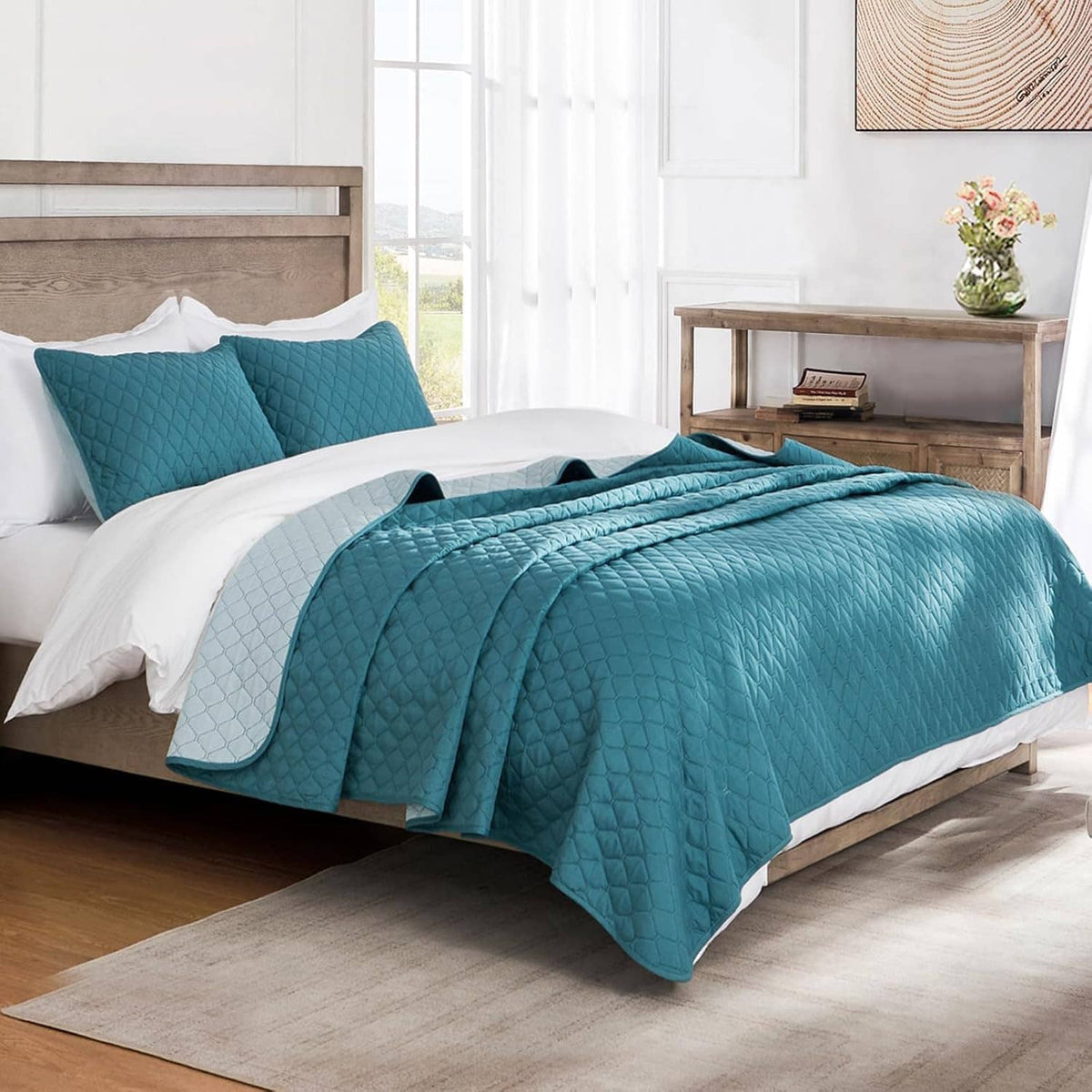 Teal reversible quilt bedding set with pillow shams and diamond stitching, king size