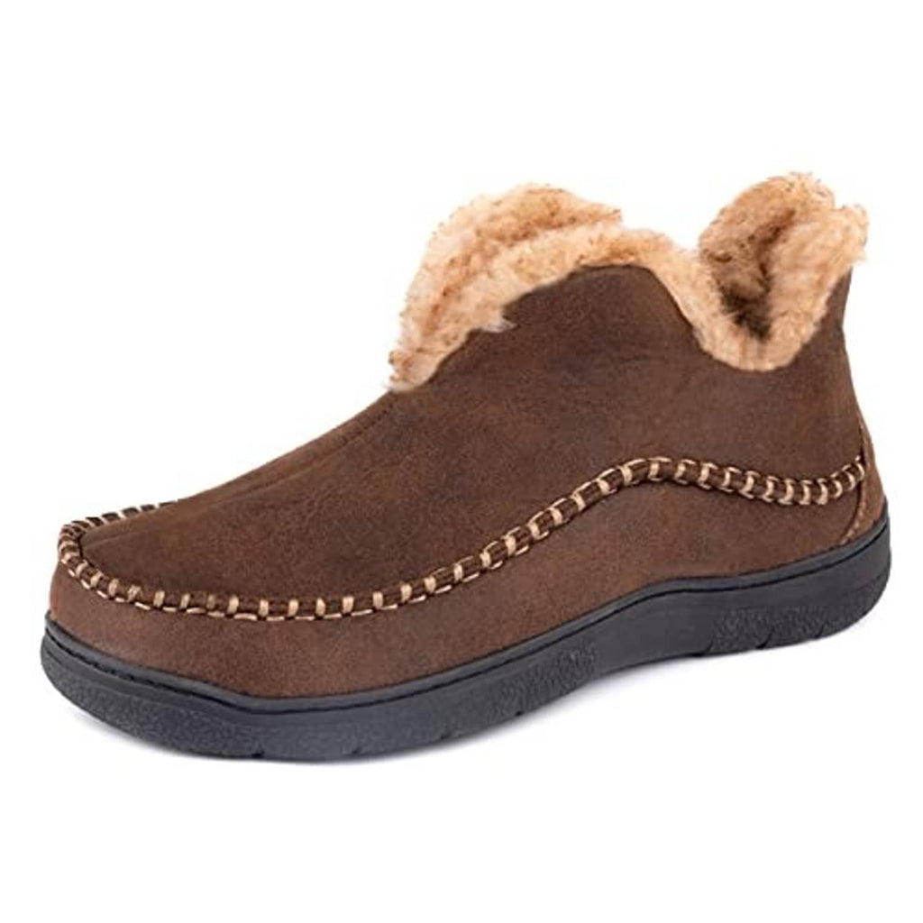 Brown suede moccasin bootie slippers with tan faux-fur collar and low tread sole
