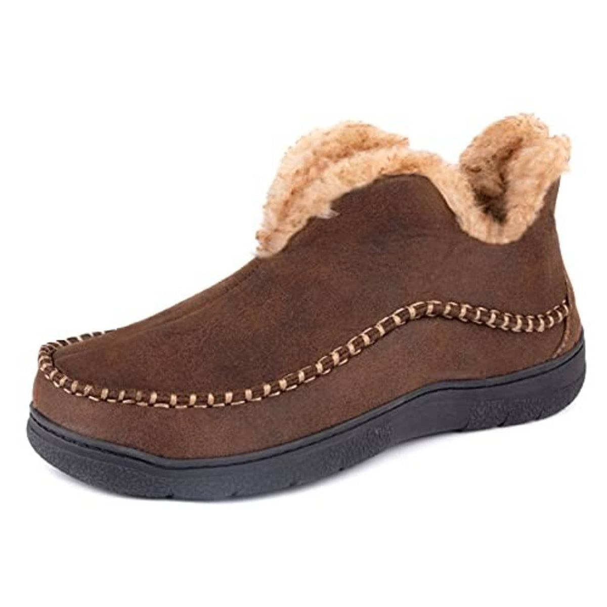 Brown suede moccasin bootie slippers with tan faux-fur collar and low tread sole