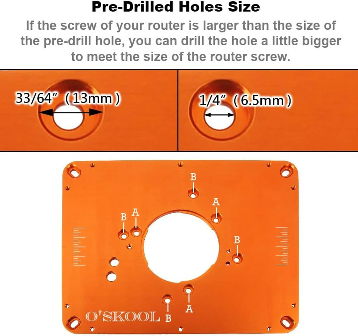 Orange aluminum router table insert plate with pre-drilled holes for router screws and central opening