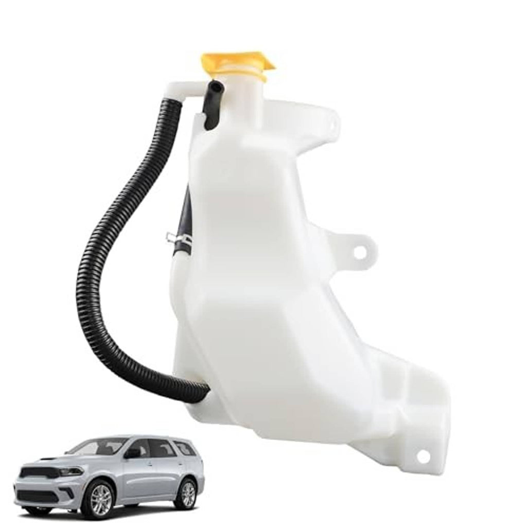 White coolant overflow reservoir tank with black corrugated hose and yellow cap