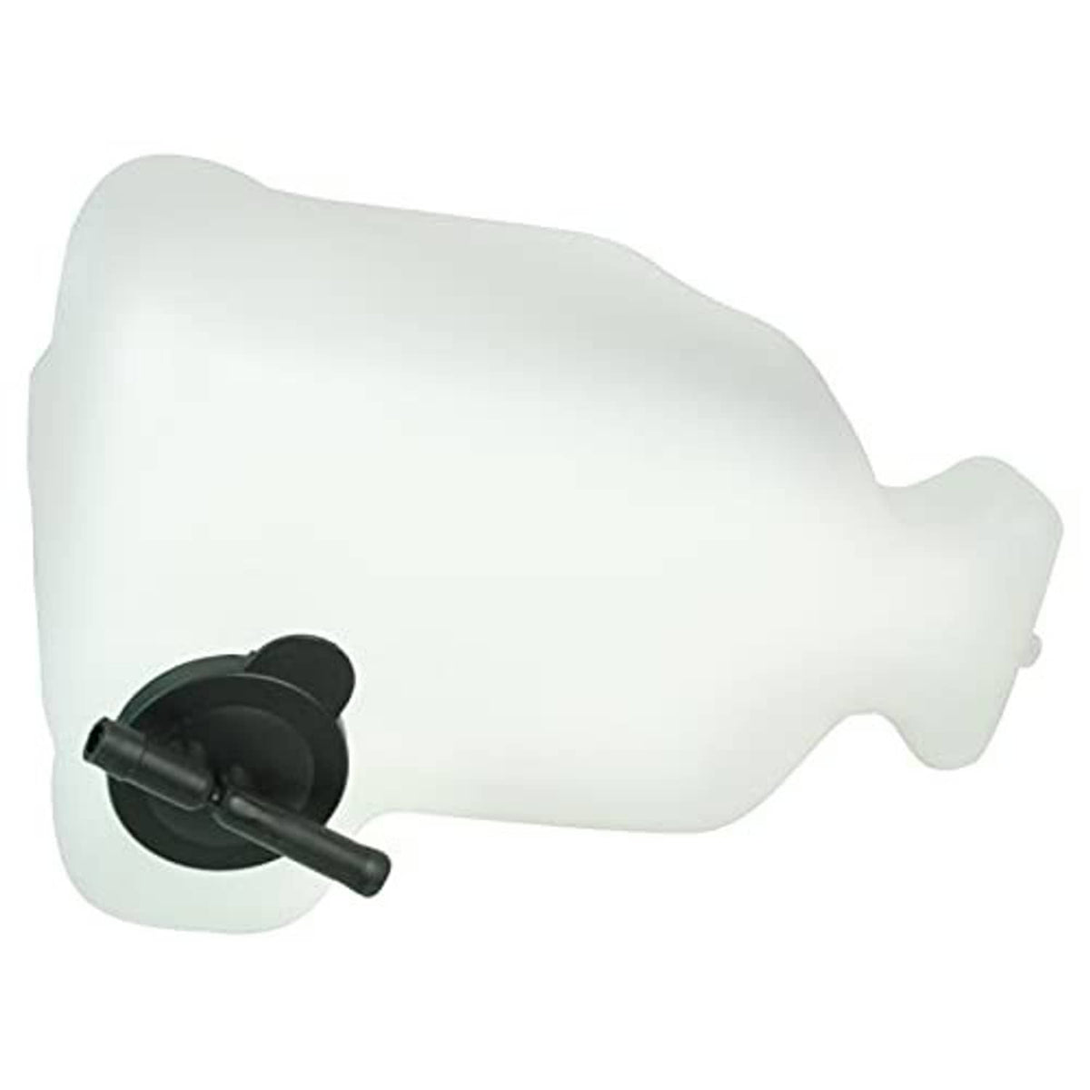 Translucent coolant reservoir tank with black cap and front fill outlet