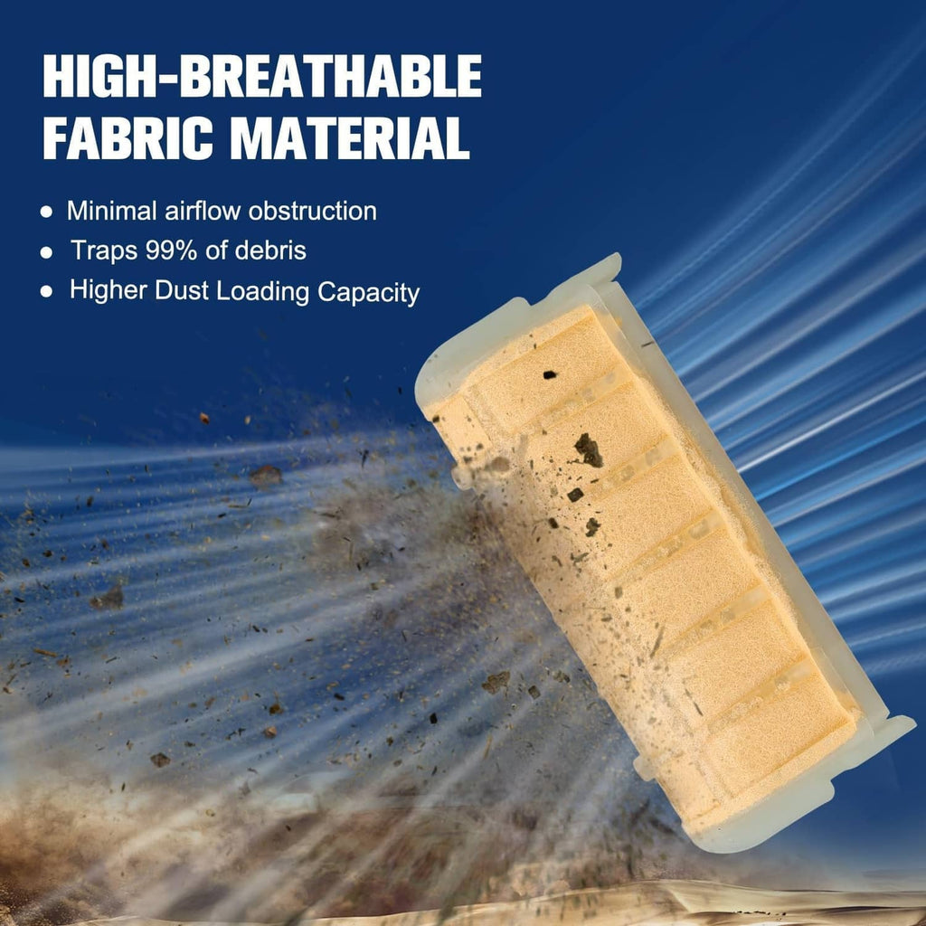 Tan air filter cartridge with paper media and white plastic housing, angled close-up.