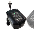 Compact black battery charger with two-prong plug and vented housing