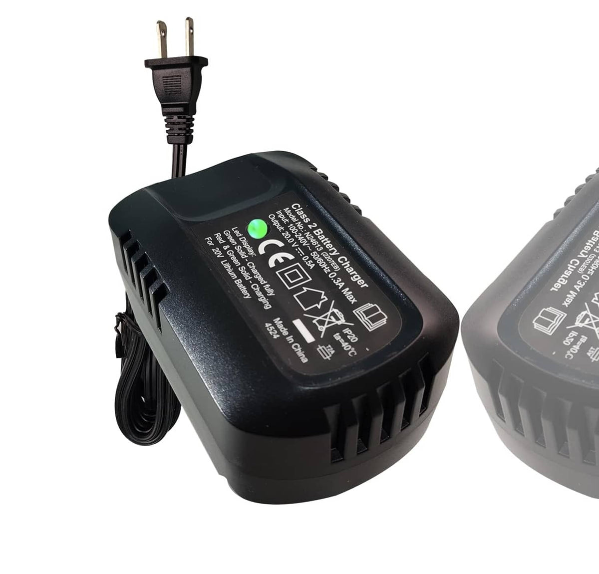 Compact black battery charger with two-prong plug and vented housing