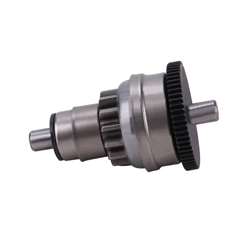 Starter clutch gear angled view, silver casing with black toothed ring and shafts