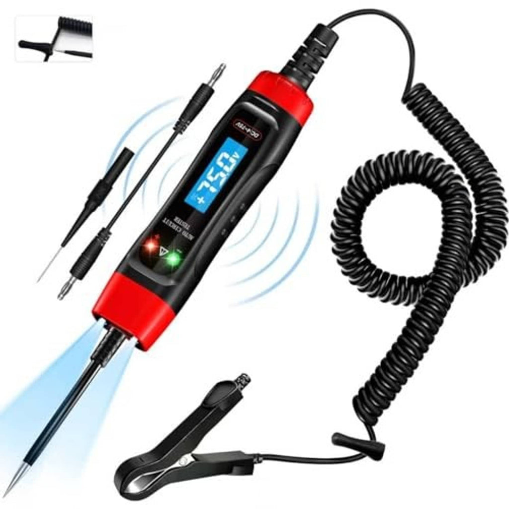 Digital DC voltage tester with red handle, LCD display, and coiled cable leads